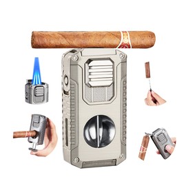 Cigar Lighter Triple Jet Flame Refillable Butane Torch Lighter with V Cutter Cigar Holder, Cigar Punch and Cigar Draw Enhancer for Smoking,Cigar Gift for Men (Gray)