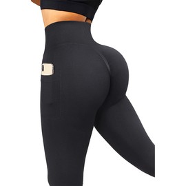 SUUKSESS Women Seamless Butt Lifting Leggings with Pockets Booty High Waisted Workout Yoga Pants (Black, L)