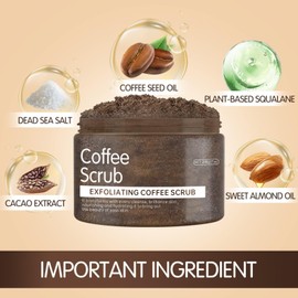 200g Large-capacity Coffee Scrub – Exfoliating Body Scrub with Coffee Grounds, Dead Sea Salt & Sweet Almond Oil, Body Exfoliator – Moisturising Vegan Body Exfoliator for Smooth, Radiant Skin