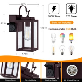 VUAA 2 Pack Porch Lights Outdoor with UL Certified Outlet, Modern Outdoor Wall Lights Exterior Lighting Fixtures Waterproof, Wall Sconces Outside Lights for House Front Door Garage, Bronze