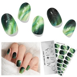 Adora Couture Semi Cured Gel Nail Strips with 30 Pieces, Salon Quality Nail Wraps for Women, Green Northern Lights Glitter UV Gel Nail Stickers, UV Light Required, Velvet Pine