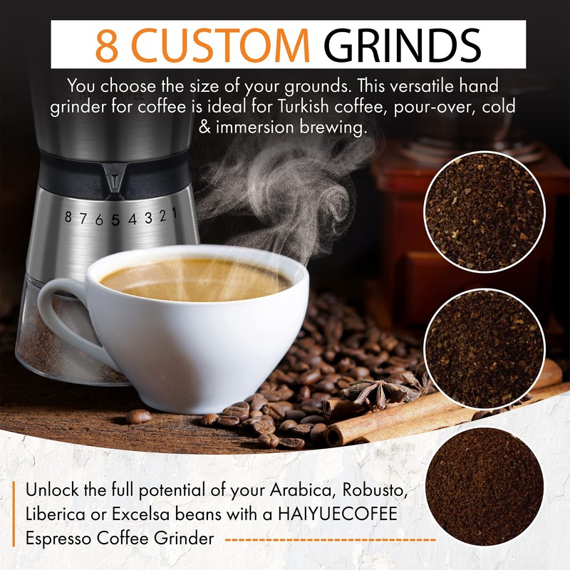 HAIYUECOFEE Manual Coffee Grinder with 8 Adjustable Coarseness Settings, Hand
