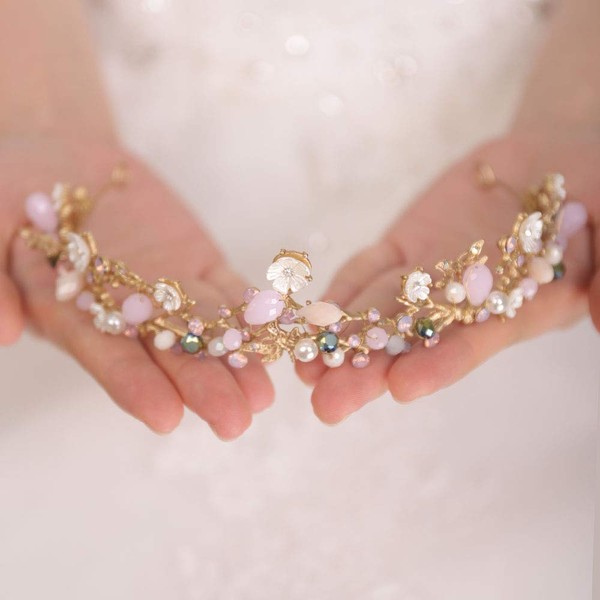 FXmimior Bridal Hair Accessories Gold Pink Flower Bead Wedding Crown Headband Women Crystal Tiara Headpiece Wedding Hair Accessories