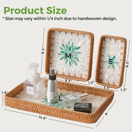 S310 Rattan Woven Serving Tray Basket, Boho Wicker Tray with Mother of Pearl Table Décor Serving Tray with 2 Inch Wall, Handmade Display Basket Tray, (Set of 3)…