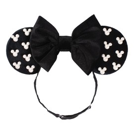 JIAHANG Adjustable Black Mouse Ear Velvet Bow Elastic Headband with Beadings, Adjustable Hair Band Fashion Headwear for Infant Toddlers, Kids