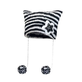 Cat Hat - Cat Ears Knitted Hat with Hanging Fur Ball, Cat Gifts For Women, Teenage Girls Gifts Cat, Crochet Gifts, Cat Gifts for Cat Lovers, Cute Stripes Cat Beanie, Fun Hat Presents (Cotton, B)