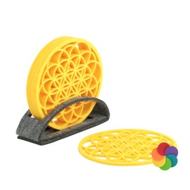 BIASTO Felt Coasters, Set of 6, Yellow (001) with Stand, Flower of Life, 10 cm Diameter, Made in Germany