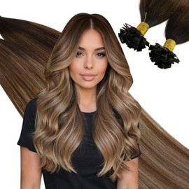 Ugeat Flat Tip Hair Extensions Real Hair Balayage Pre Bonded Flat Human Hair Bundles Darkest Brown Mix Medium Brown with Blonde Balayage Hot Fusion Flat Extensions 18inch 50G