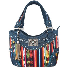 Native Conchos Studded Purse Western Style Rhinestone Country Leather Tassel Handbag Women Shoulder Bag Wallet Set (#2 Teal Set)