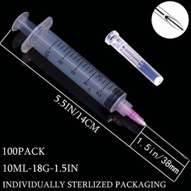 DM YOSLEB 100 Pack 10ml/cc Plastic Luer Lock Syringa with 18Ga and Cap, Individually Sealed Wrapped, for Scientific Labs, Measuring Liquid, Refilling Cartridges or Glue Applicator