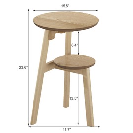 ChooChoo Round End Table for Small Spaces, Narrow Side Table, Accent Table Night Stand with 2 Tier Shelf for Bedroom and Living Room, Natural