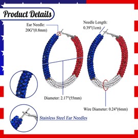 Flongo American Flag Hoop Earrings Glitter Rhinestone French Flag Colour Stainless Steel Diamonds Huggie Hoop Earrings Large Patriotic Earrings Accessories for Women Blue White Red, Stainless Steel