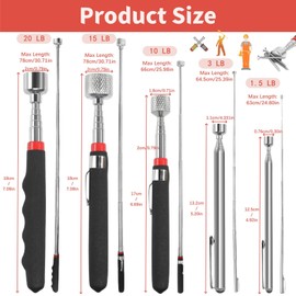 Liekadijiae Pack of 5 Telescopic Magnet Stainless Steel, Telescopic Magnetic Rod Set, Telescopic Magnetic Pick-Up Tool for Screws, Nuts, Keys, Metal Parts (1.5 lb 3 lb 10 lb 15 lb 20 lb)