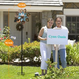 Cyan Oasis Wind Spinners Outdoor Clearance for Yard and Garden Large, 75" Wind Spinner Metal Large, Kinetic Garden Wind Sculptures & Spinners with Stake, Yard Art for Garden Decor, Lawn, Vane