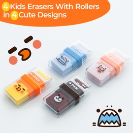 M&G Pencil Erasers with Clean up Roller and Cover, 4 Pack Cute Rubber Erasers for Kids, Animal Cartoon Fun Eraser with Shaving Roller, Great Gift for Teacher Class School Supplies Home Office Party