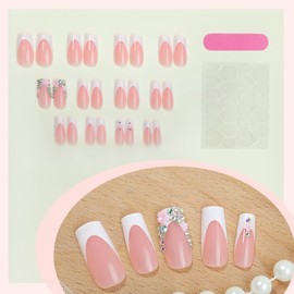 French Tip Press on Nails Long Square Charms Flower Fake Nails White French Nails Press ons Cute Bow with Rhinestones Design Reusable Stick on Nails Medium Acrylic Artificial Nails for Women 24Pcs