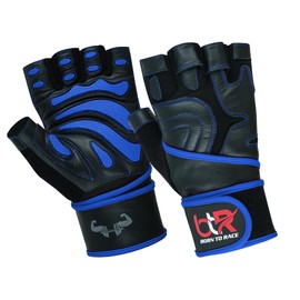 BTR BORN TO RACE Weight Lifting Gloves Cowhide Leather Fingerless Padded Body Building Long Wrist Support Gym Excercise Powerlifting Leather Gloves Unisex Design (Blue, X-Large)