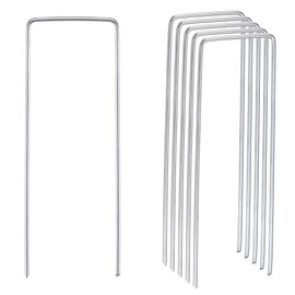 MECCANIXITY Garden Stakes Pins U Shape 8" L x 0.08" Dia., Galvanized Landscape Staples Lawn Pegs for Ground Cover Weed Barrier Fabric, Silver Tone Pack of 25