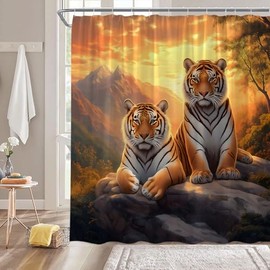 Tiger Shower Curtain African Wildlife Animal Mountain Laying Under Stone Couple Cat Jungle 70" Wx70 H Fabric Bathroom Decor Curtain with Hooks