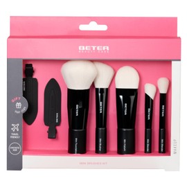 Beter - Set di 5 pennelli da trucco da viaggio, setole sintetiche extra morbide, kit di mini pennelli Kabuki, fard, fondotinta, correttore e ombretto + 2 pinzette per capelli, pennelli da trucco