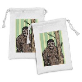 Ambesonne Bigfoot Fabric Pouch Set of 2, Sketch of Mysterious Yeti Holding a Tree Trunk on Striped Background Print, Small Drawstring Bag for Toiletries Masks and Favors, 9" x 6", Multicolor