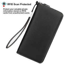 Lavemi Women's RFID Blocking 100% Leather Large Capacity Zip Around Wallet Phone Holder Clutch Travel Purse Wristlet(Large Size Pebble Black)