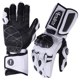 Harssidanzar Men and Women Leather Motorbike Motorcycle Gloves,Powersports Carbon Fiber Knuckle Protection Motorcycles Gloves KM045,White/Black, Size XL