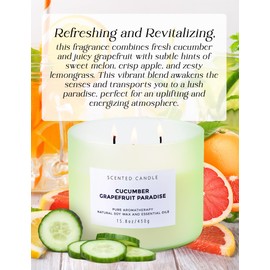 Cucumber Grapefruit Paradise 3 Wick Candle for Home Scented - 15.8 Oz Refreshing Summer Scented Candles - Large Aromatherapy Candles for Men & Women, Highly Scented Natural Soy Candles Clean Burn