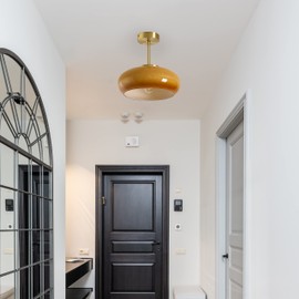 Aeyee Glass Ceiling Light Fixtures, 11" Hallway Ceiling lamp, Round Semi Flush Mount Ceiling Light Amber Brown Finish