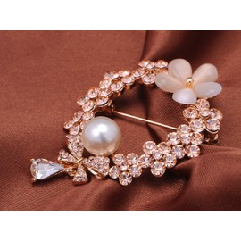 Alilang Golden Tone Topaz Rhinestone Faux Pearl Floral Wreath Bow Brooch Pin