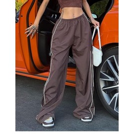 Shebote Womens Parachute Pants Wide Leg Baggy Pants Y2K Elastic Waist Jogger Sweatpants Track Pants Streetwear(0046-Coffee-L)