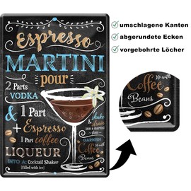 Schilderkreis 24 - Tin Signs Cocktail Recipe "Espresso Martini" Decorative Metal Sign for All Bar Counter or Pub Owners Gift for Birthday or Christmas 20 x 30 cm