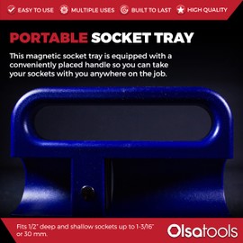 Olsa Tools Magnetic Portable Socket Organizer Tray - 1/2-Inch Drive - Blue Holder for Deep & Shallow Sockets - Fits up to 1-3/16" SAE or 30mm Metric - Quality Product for Professionals - Part 1080