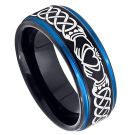 Celtic Claddagh Tungsten Ring - 2-Tone Brushed Black IP & Blue Tungsten Carbide Wedding Band - Comfort Fit Anniversary Ring 8MM - #901CLDs10.5