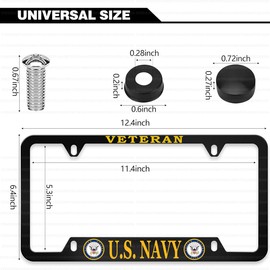 Aluminum Thin Top for U.S. Navy Veteran License Plate Frame,4-Hole Matte Black Narrow Top Retired Car Licenses Plate Covers Holders Frames with Screw Caps
