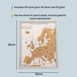 Splosh Travel Map - Desk Pin Board Europe Map in Grey, Wooden Frame. Travel Map Corkboard with 100 Pins in 2 Colours to Mark Your Past and Future Adventures, Europe Map Pin Board. Father's Day Gifts