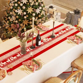 Christmas Table Runners, Red Linen Christmas Table Runners, 12x108 Inch Printed Linen Table Lines for Xmas Holiday Season Home Table Christmas Decoration, Christmas Dinning Tables Decorations - Red