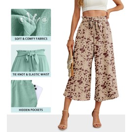 IWOLLENCE Women Flowy Loose Wide Leg Pant Summer Beach Casual Trousers high Waist Adjustable Knot Business Work Casual Pants Apricot Floral Medium