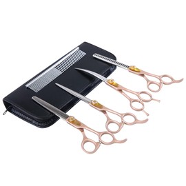 7 Inch Professional Dog Grooming Scissors Kit, 6-in-1 Grooming Scissors for Dogs, Pet Grooming Shears Set, Straight Scissor & Thinning Shear & Curved Scissor & Chunker Shear (Rose Gold)