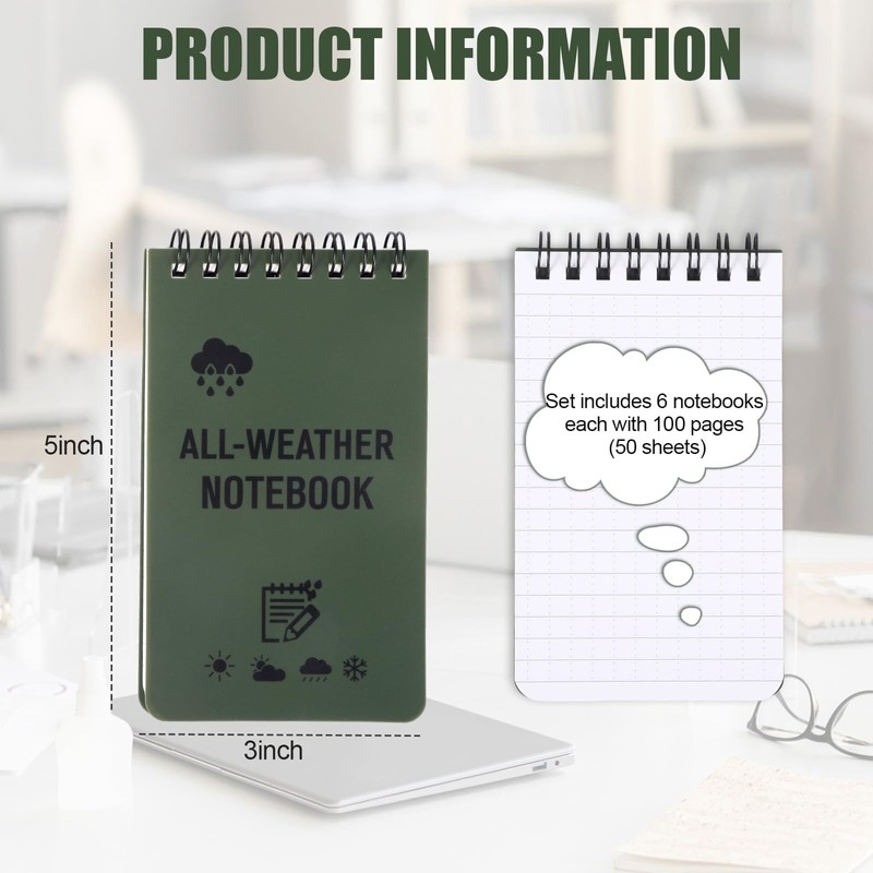Qiuruoo 6 Pack Waterproof Notepad, 3 x 5 Pocket Notebook,