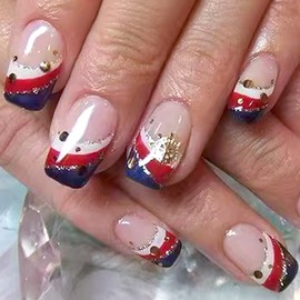 24pcs 4th of July Press on nails Short Square French Tip Fake Nails with Designs Independence Day False Nails Red Blue White French Acrylic Nail Tips Full Cover Glue on Nails for Women