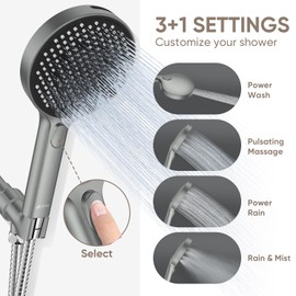 LEIVI High Pressure Shower Head, 4-mode Handheld Showerheads with 70 Inch Stainless Steel Hose, Built-in Power Wash to Clean Tub, Tile & Pets, Anti-clog Nozzles, Adjustable Bracket, Grey