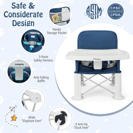 BABY JOY Travel Booster Seat with Double Tray, Folding Portable High Chair Booster Seat for Dining Table, Indoor/Outdoor Use, Camping, Beach, Lawn, Compact Baby Seat with Straps & Carrying Bag (Blue)
