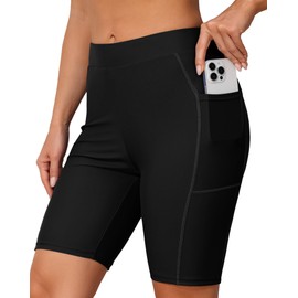 Charmo Ladies Knee Length Swim Shorts Side Pockets Boyleg Swim Boardshorts UPF50+ Black M