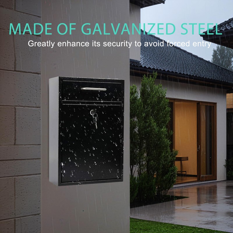 RQUNA Lockable Outdoor Secure Mailbox, Wall-Mounted Metal Mailbox, Dimensions: 15.1"