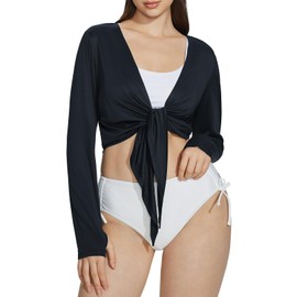 baleaf Women's Beach Cover Up Sun Protection Cropped Lightweight Tie Front Summer Cardigan Sun Wrap Long Sleeve SPF Sun Shirts Outdoor Black L