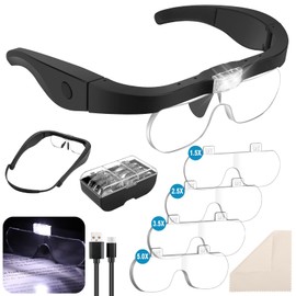 Rechargeable Magnifying Glasses, Lighted Headband Head Mount Magnifier with Light, Hands-Free Illuminated Eyeglasses Magnifier with 4 Detachable Lenses 1.5X, 2.5X, 3.5X, 5X for Reading Sewing Jewelry