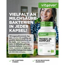 Probio 25 - Culture Complex with 32 Billion Lactic Acid Bacteria & 25 Bacterial Strains + Organic Inulin per Daily Dose - 180 Enteric Juice-Resistant Capsules - High Dose - Vegan