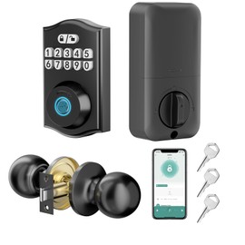 BAFUWEIY Keyless Entry Door Lock with Handle Set, Electronic Keypad Deadbolt Smart Front Door Lock Set with 2 Door Knobs, APP Control, Fingerprints, Passwords, Auto-Lock, Easy Installation Black