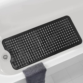 Bathtub and Shower Mats,Long Non Slip Bath Mat, Bath Tub Mat with Suction Cups & Drain Holes for Bathroom,Machine Washable Bathroom Mats(Black)